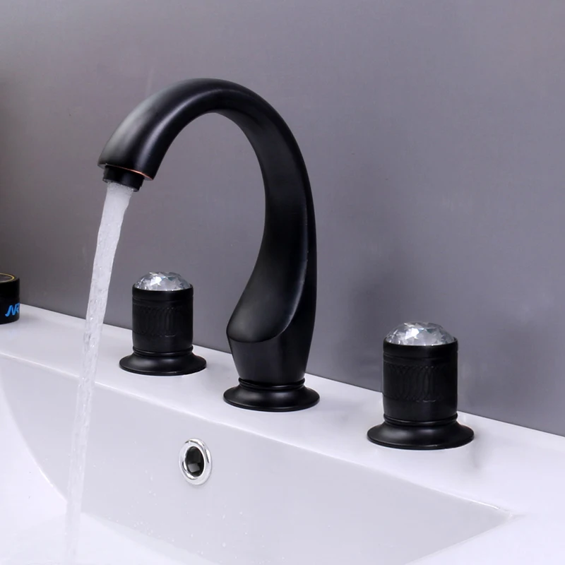 

Basin Faucet Mixer Black Oil Brass Crystal 3 Holes Double Handle Bathroom Sink Faucet Hot and Cold Water Basin Tap Bathtub Mixer