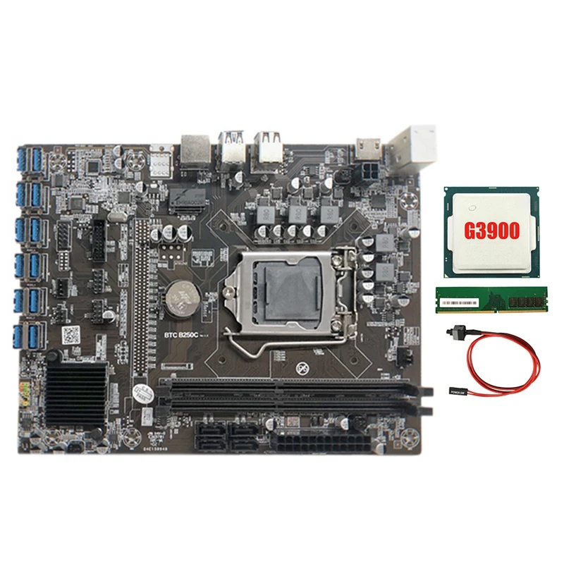 

B250C Mining Motherboard with G3900 CPU+1XDDR4 8G 2666Mhz RAM+Switch Cable 12XPCIE to USB3.0 Card Slot Board for BTC