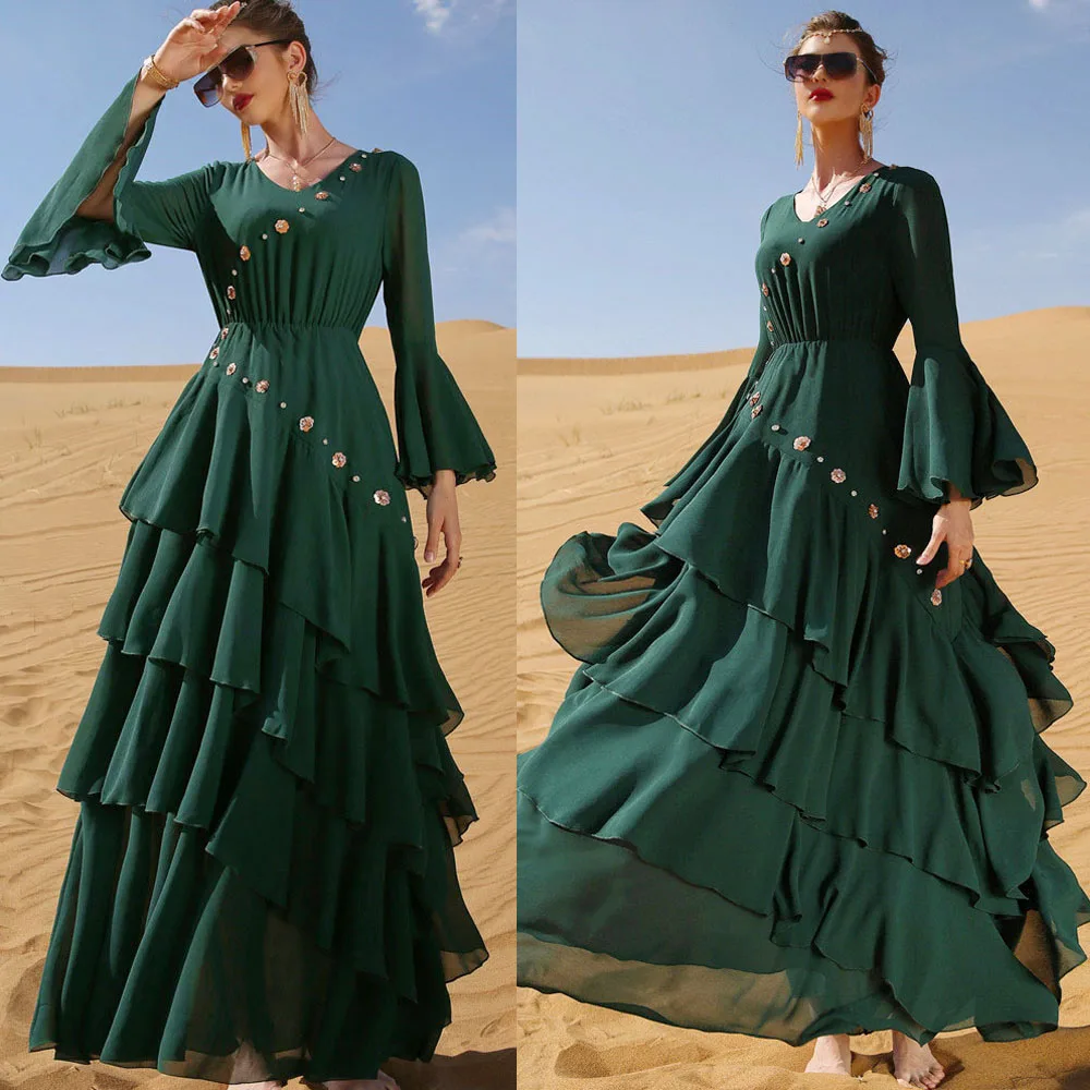 Элегантное женское шифоновое длинное платье, исламский праздник, расклешенные рукава, Abayas, мусульманский стиль, Дубайский кафтан, однотонн...