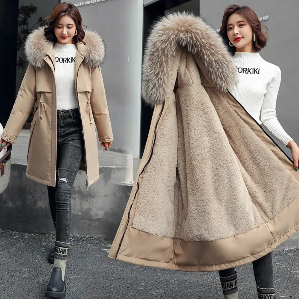 GRELLER Fashionable Solid Warm Thick Fleece Hooded Winter Jacket Women 2021 New Fur Liner Parka Female Winter Long Coat Women