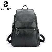 zency 100 genuine leather women backpack fashion ladies travel bag preppy style schoolbags for girl laptop knapsack black white
