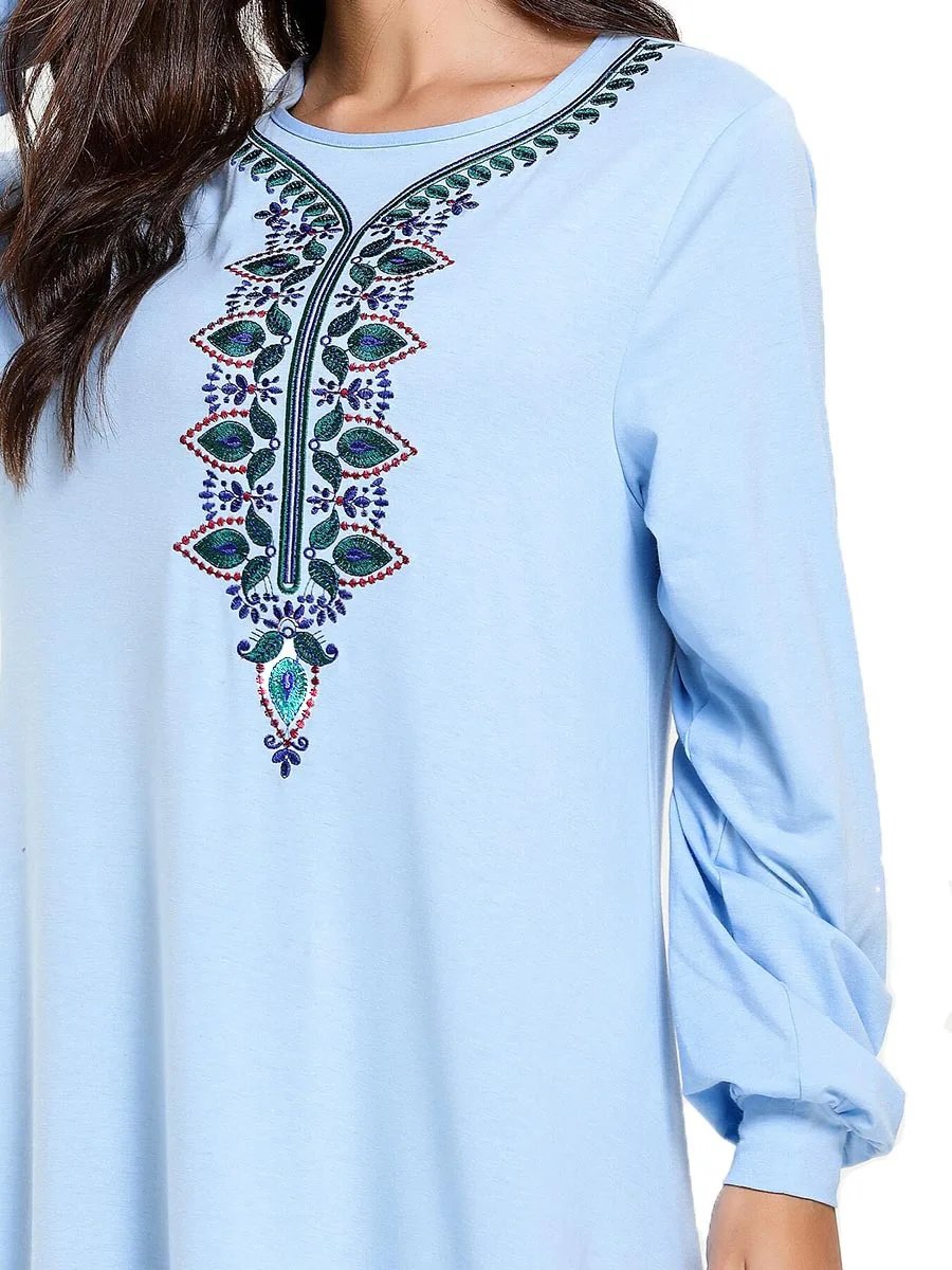 Biru Muda Plus Ukuran Wanita Muslim Abaya Hijau Merah Patch Lengan Panjang Bordir Turki Indonesia Maxi Dress M- 4XL