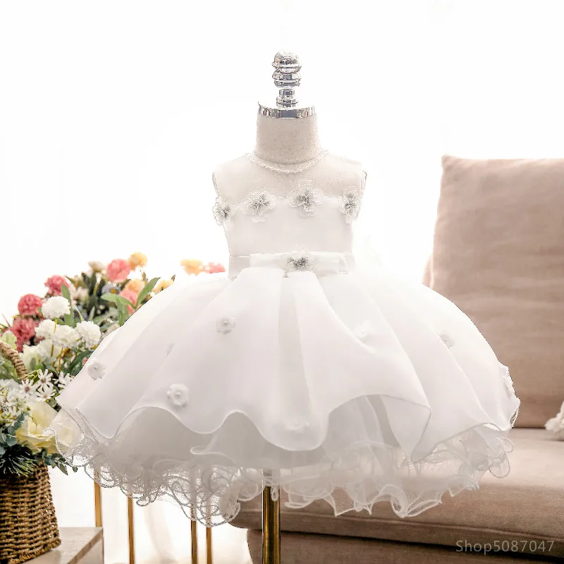Теперь платья для маленьких девочек платье крещения с 3D цветами тюль бусинами на