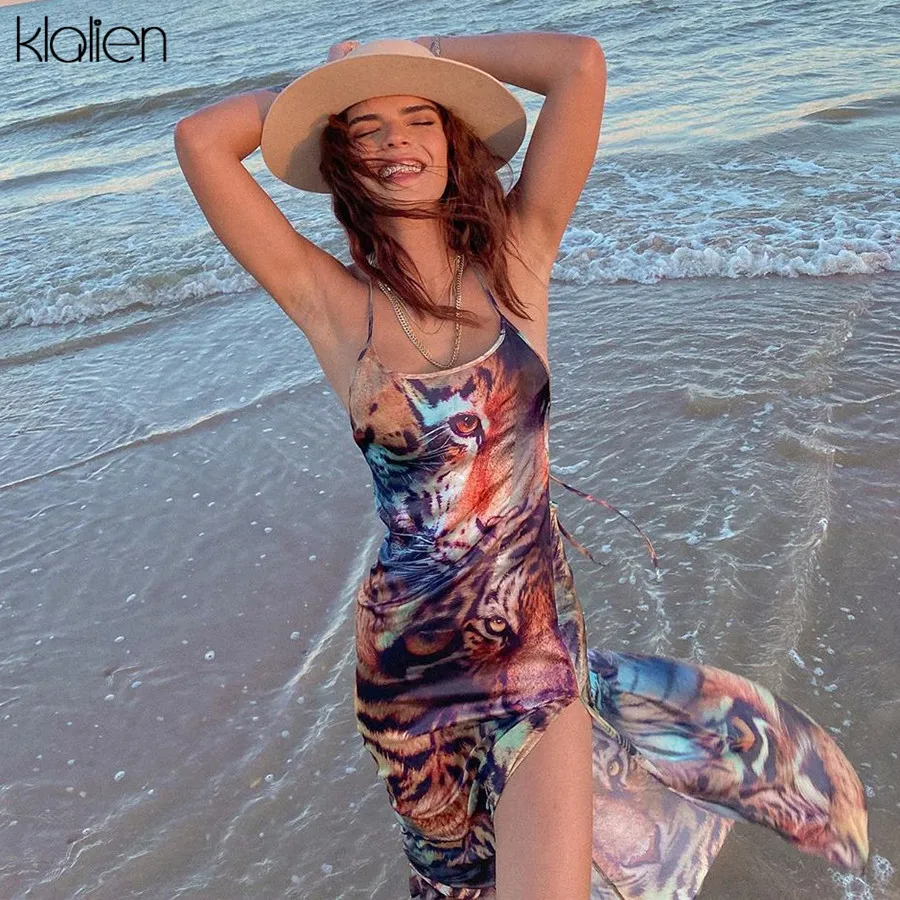 KLALIEN модное Милое сексуальное платье с принтом тигра открытой спиной на