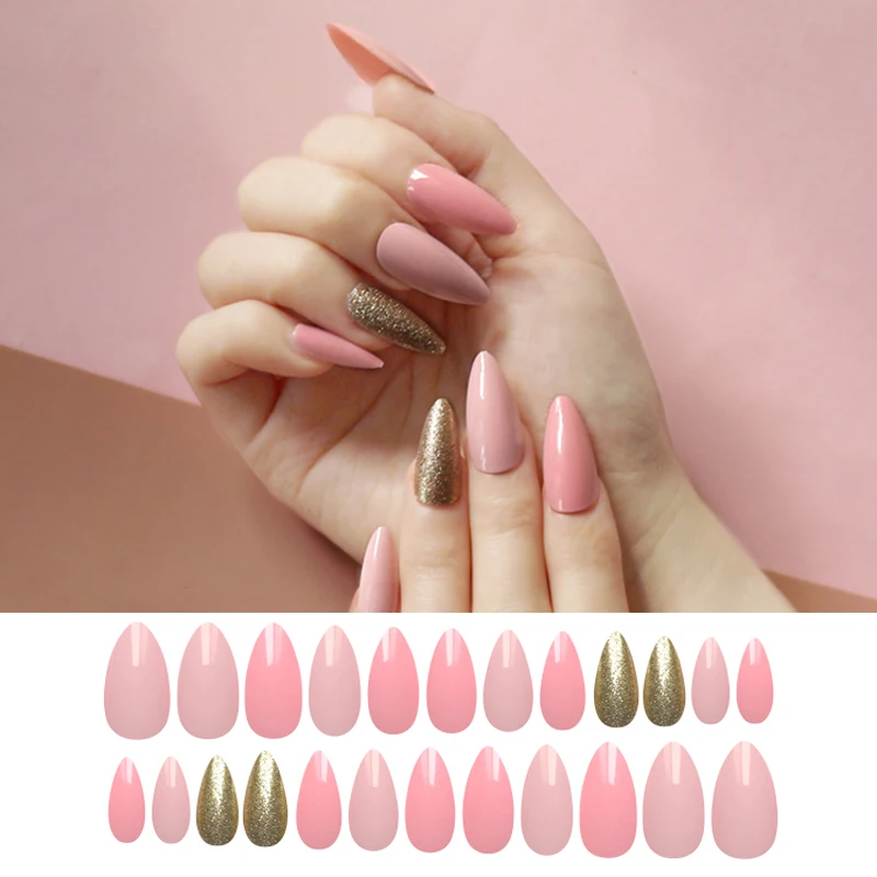 

24Pcs/set Stiletto Fake Nails Pink and Gold Glitter Artificial Nail Full Cover False Nail Art Tips Manicure Press On Nails Charm