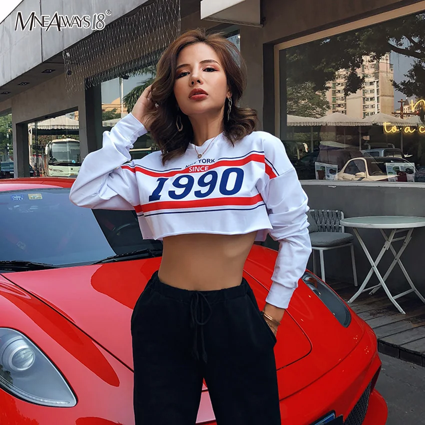 Женский Укороченный свитшот с принтом Mnealways18 белый Повседневный хлопковый