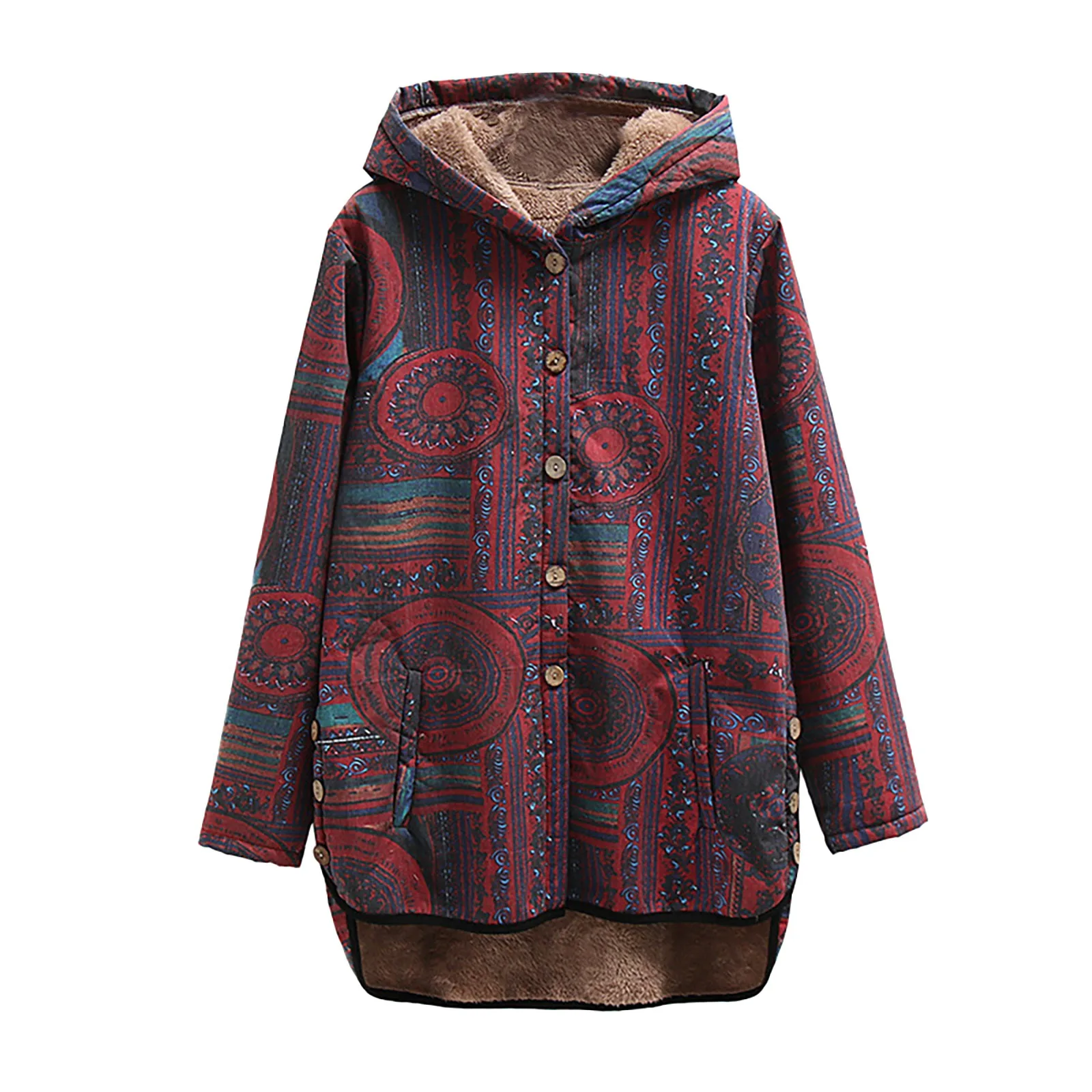 

Autumn Winter Warm Women Jacket Coat Retro Ethnic Printed Hooded Pocketed Pullover Padded Long Sleeve Midium Length Plush Coat