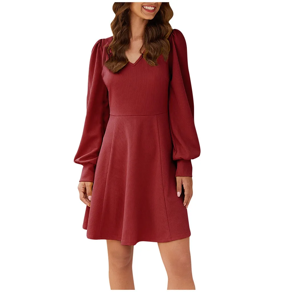 Женское асимметричное платье с длинным рукавом повседневное однотонное V