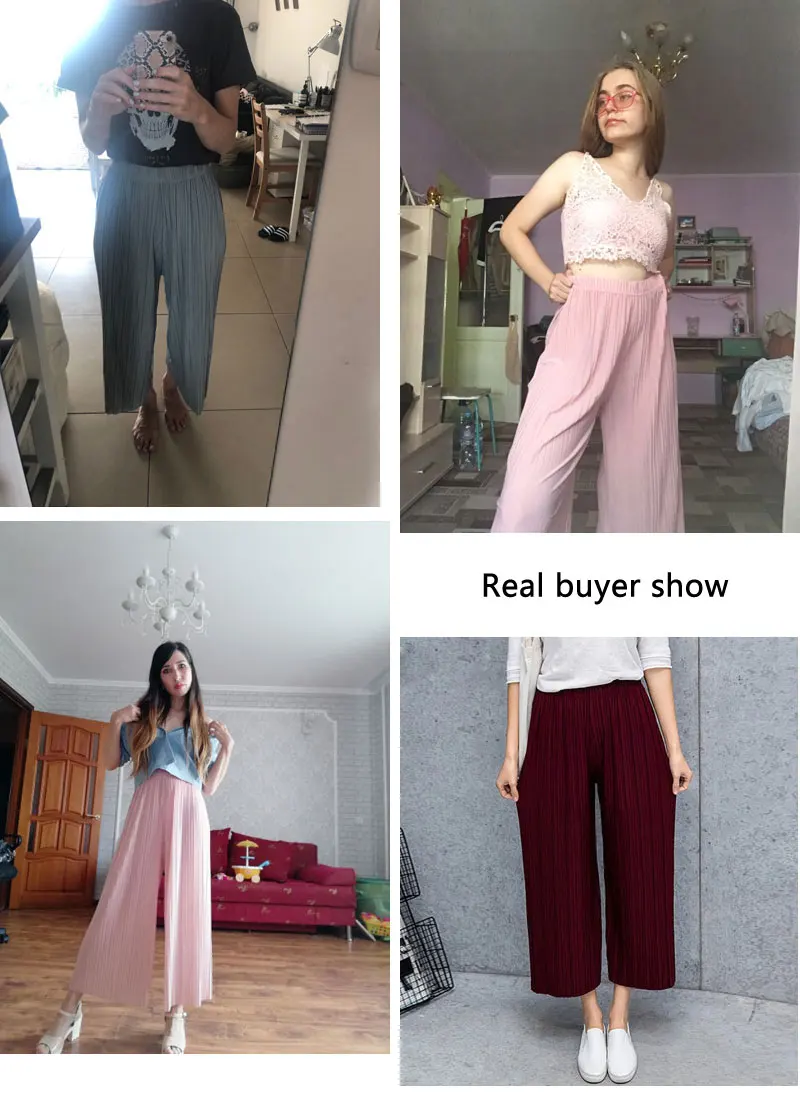 

Vriginer New Chiffon Wide-leg Pants Casual Thin Section Female Elastic Waist Pleated Trousers Sweet Beach Female Leggings