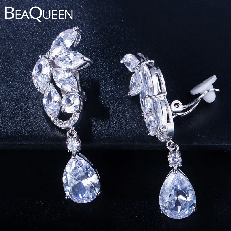 BeaQueen Потрясающий Кубический Цирконий Капля воды без отверстия клип на серьги длинные женские свадебные не проколотое Ухо Ювелирные изделия E185