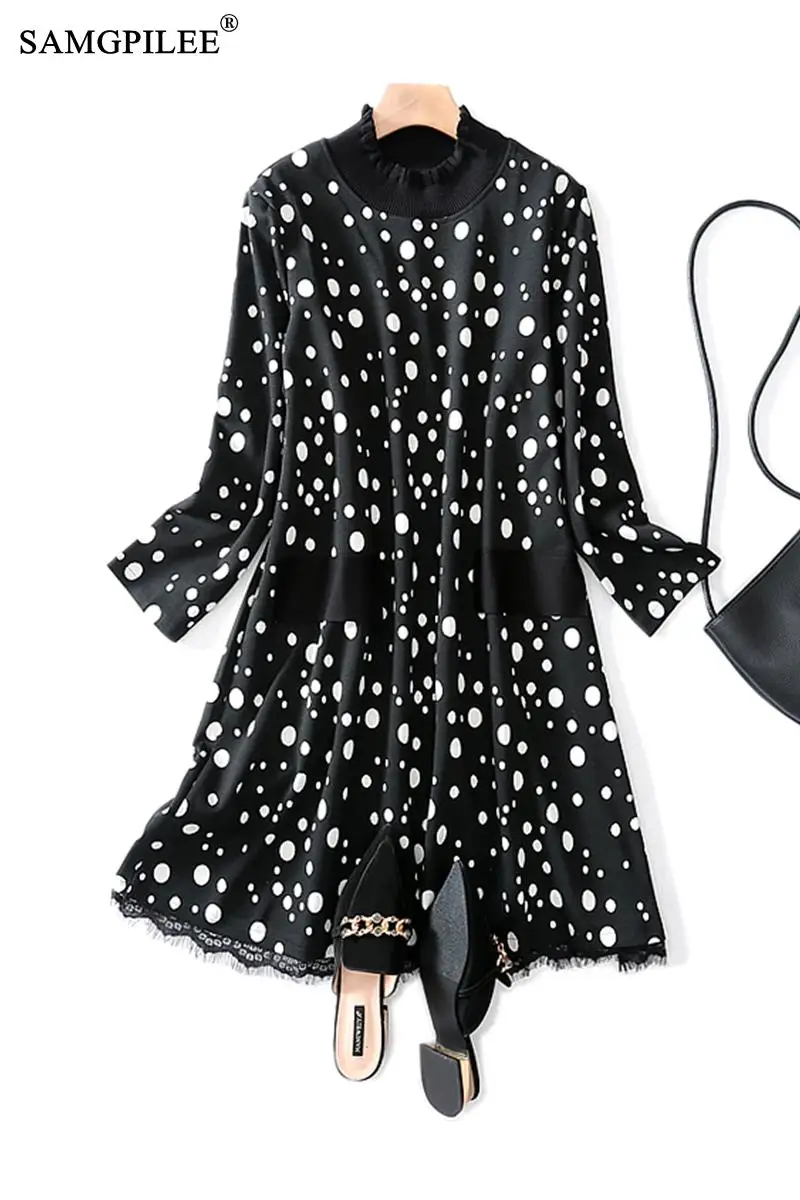 

Women Autumn Winter Sundress Vestido Casual Dress A-line Dot Full Sleeve Elegant Dress Appliques Mid-calf Empire Women Clothing