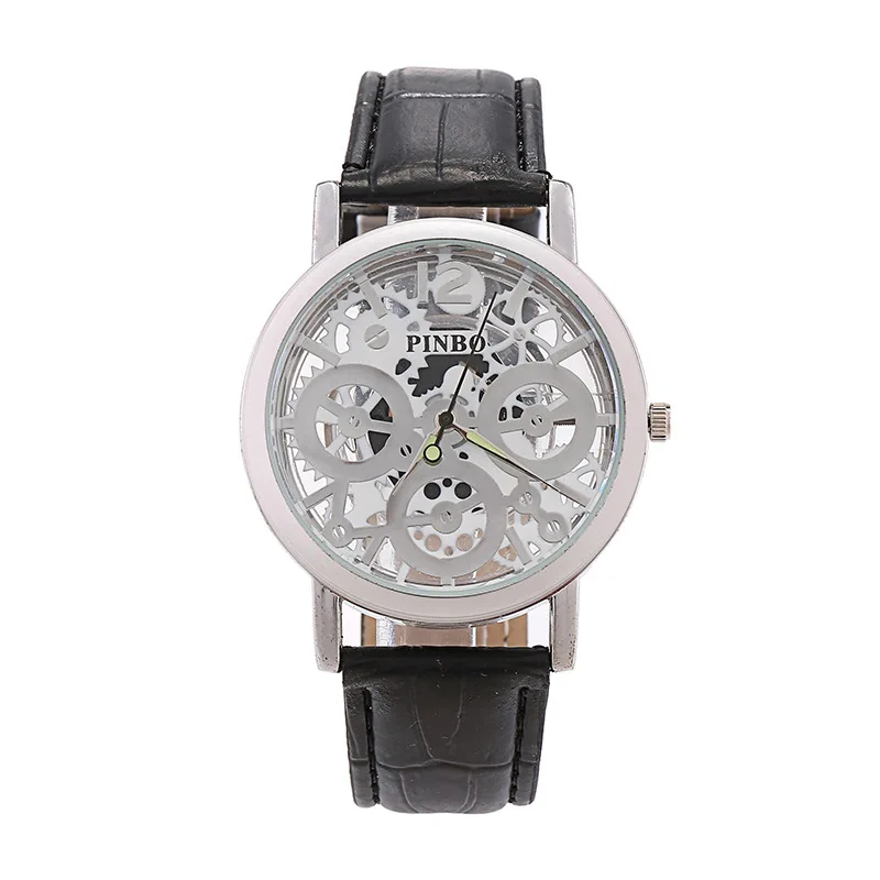 

Creative Hollow Out three-eye Gear Pattern men's Watch Business Casual Quartz Watch Black Leather Strap Men Quartz Wristwatches