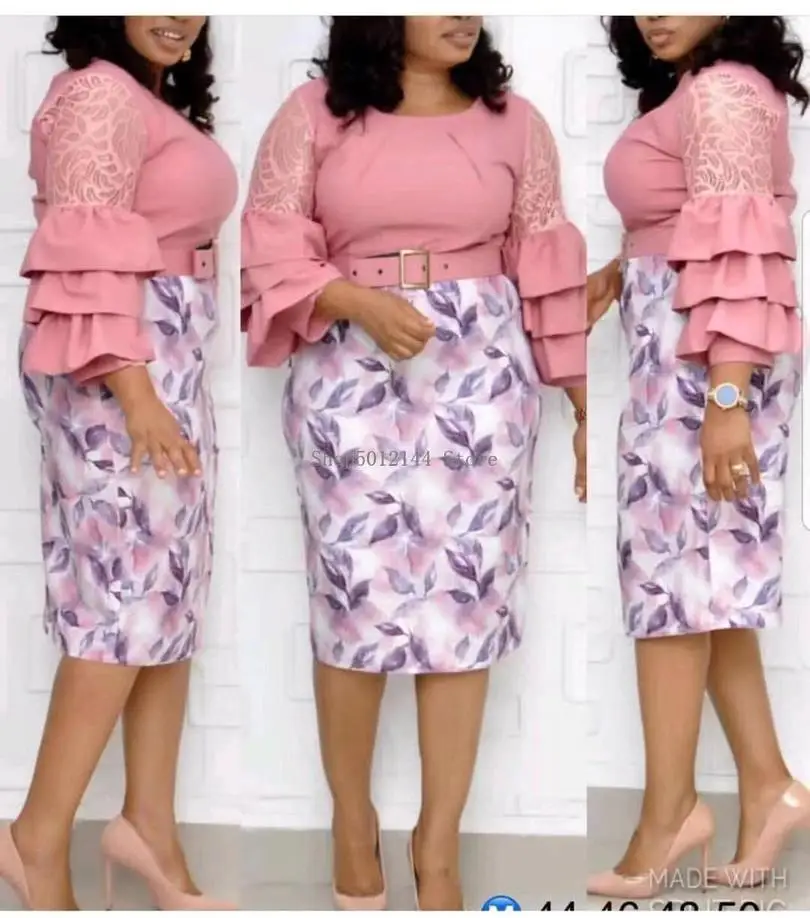 4 цвета(L-XXL) Новая африканская женская одежда кружевная панель лист печати Торт Вышитые тонкие платья