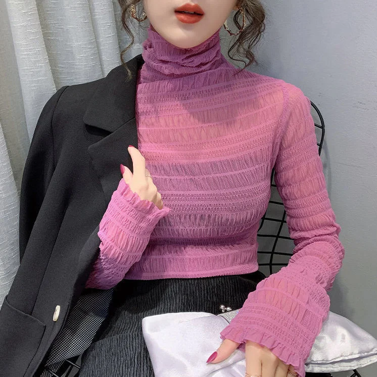 

Блузка женская с высоким воротником, кружевная блузка из гренадина с пузырями, с длинным рукавом, Облегающая рубашка, нижняя одежда