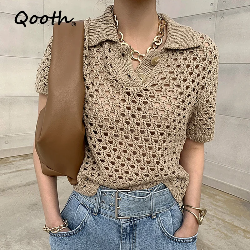 

Qooth Summer Vintage Hollow Out Shirts Casual Loose Short Sleeve Tees T-shirts Fashion Chic Design Women's Blouse QT1421