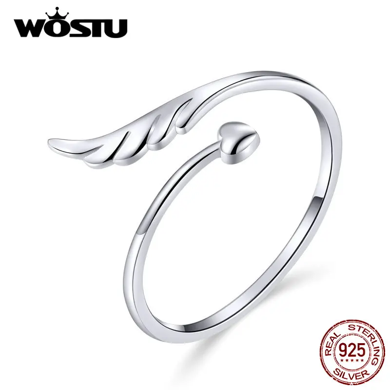 WOSTU 925 пробы Серебряное кольцо с крыльями ангела и сердцем, регулируемые Открытые Кольца для женщин, обручальные свадебные ювелирные изделия, подарки CQR567