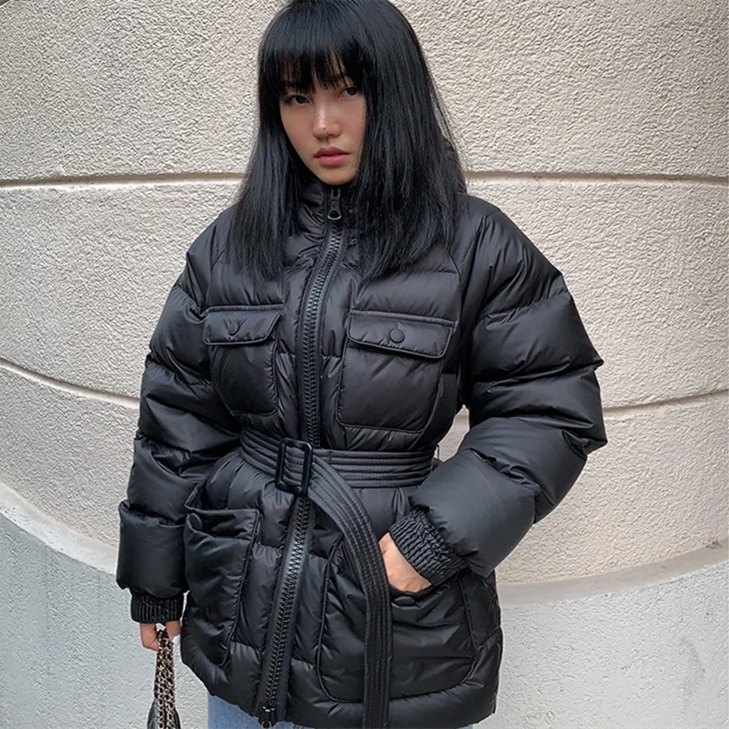 Новое зимнее пальто женское осеннее пуховое модные куртки с поясом на шнуровке