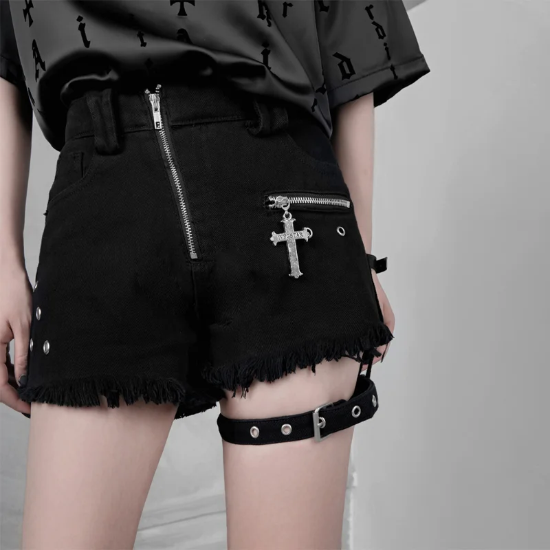 

Punk Denim Shorts Women Dark Fashion Gothic Girl Chic Zipper Sexy Cross Ring Hanging Bandage High Waist Shorts Summer Fashion