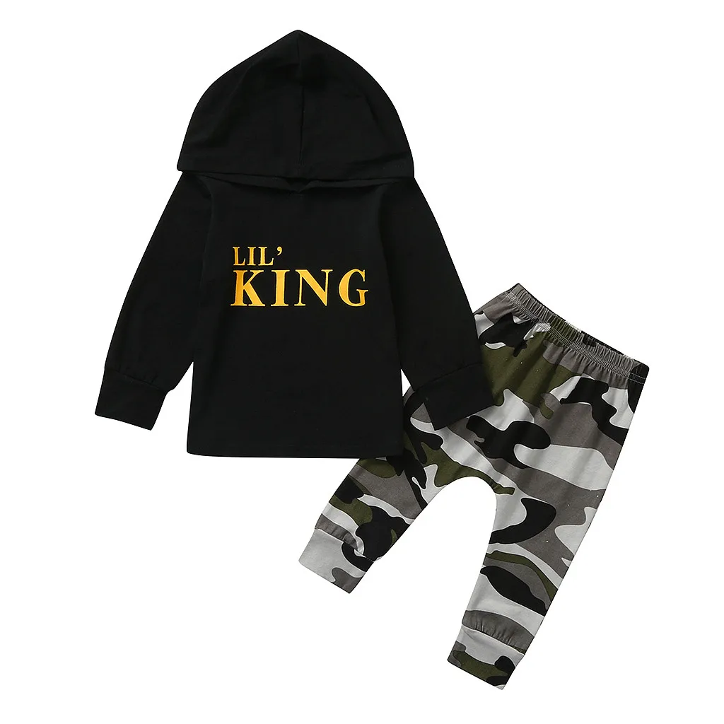 Camouflage Зимняя одежда для мальчиков футболка с капюшоном и надписью для маленьких мальчиков топы+ камуфляжные штаны, комплект одежды, roupa infantil для От 6 месяцев до 3 лет - Цвет: Camouflage