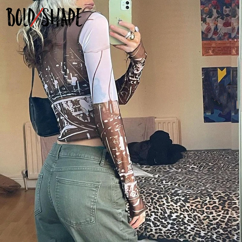 

Bold Shade Patchwork Mesh Long Sleeve Tee Grunge Indie Round Neck Graphic Print Transparent T-shirts Gothic Autumn Crop Tops New