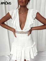 aproms elegant deep v neck white lace cotton dress women sexy backless bow tie up bodycon holiday mini dresses sundress 2021