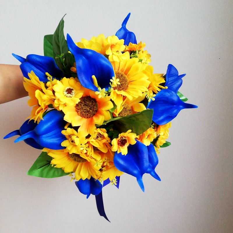 

New Hot Royal Blue Calla Lilies with Gold Yellow Sunflowers Wedding Flowers Round Hand hold Bouquet الزفاف باقة Свадебный букет