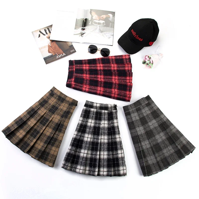Harajuku Осень Зима Высокая талия Женская юбка Клетчатые Шерстяные плотные