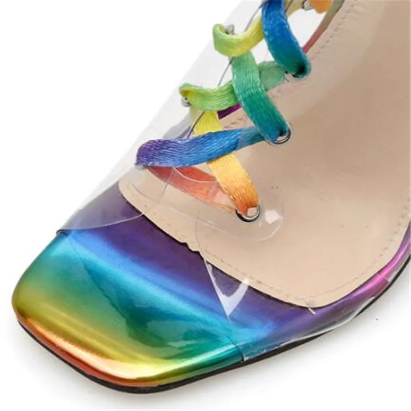 

2020 Square Toe Lace up Sandals Boots Transparent Hit Color Western Style PVC Women High Heels Cool Boots New Spring Summer Hot