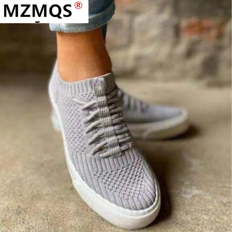 

2021 Summer Round Toe Knitted Sneakers Women Casual Plus Size 43 Flats Womens Shoes Slip-On Platform Shoes Zapatos De Mujer