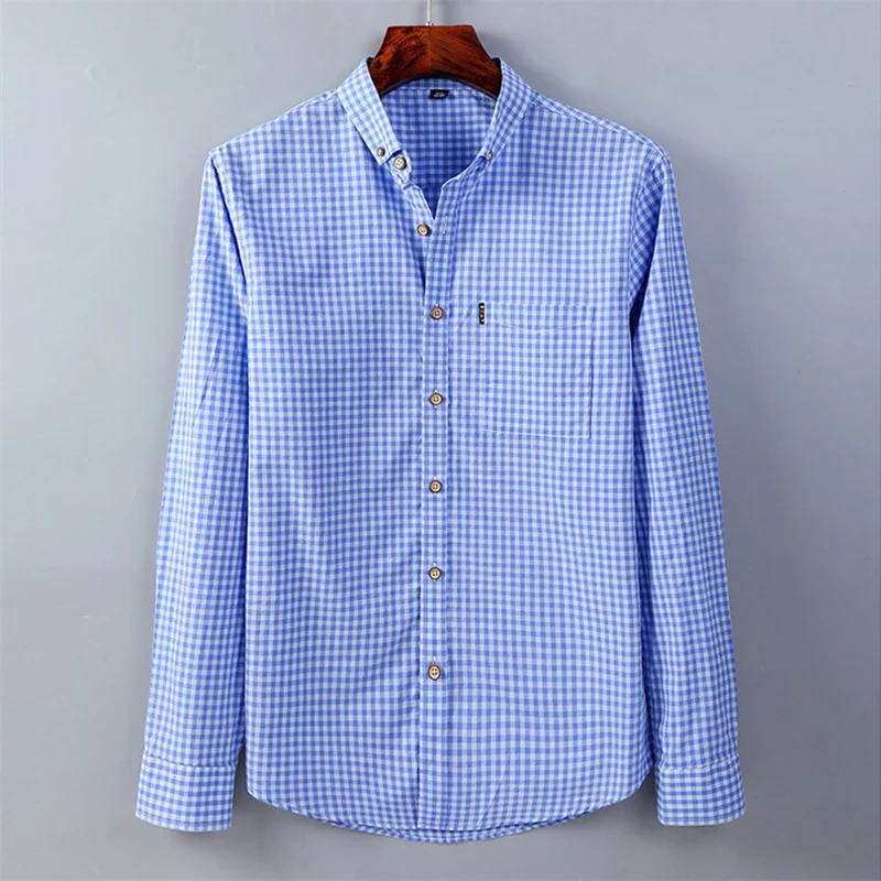 Thin 100% Cotton Plaid Shirts for Men Long Sleeve Regular Fit Checkered Dress shirt Mens Blue New 2020 Soft Comfortable Male