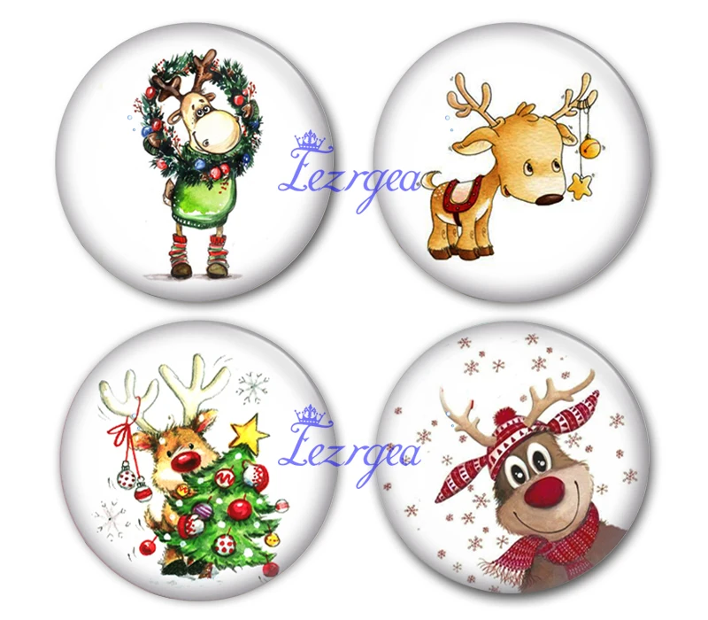 Стеклянные кабошоны Merry deers Мультяшные олени и веселые рождественские круглые
