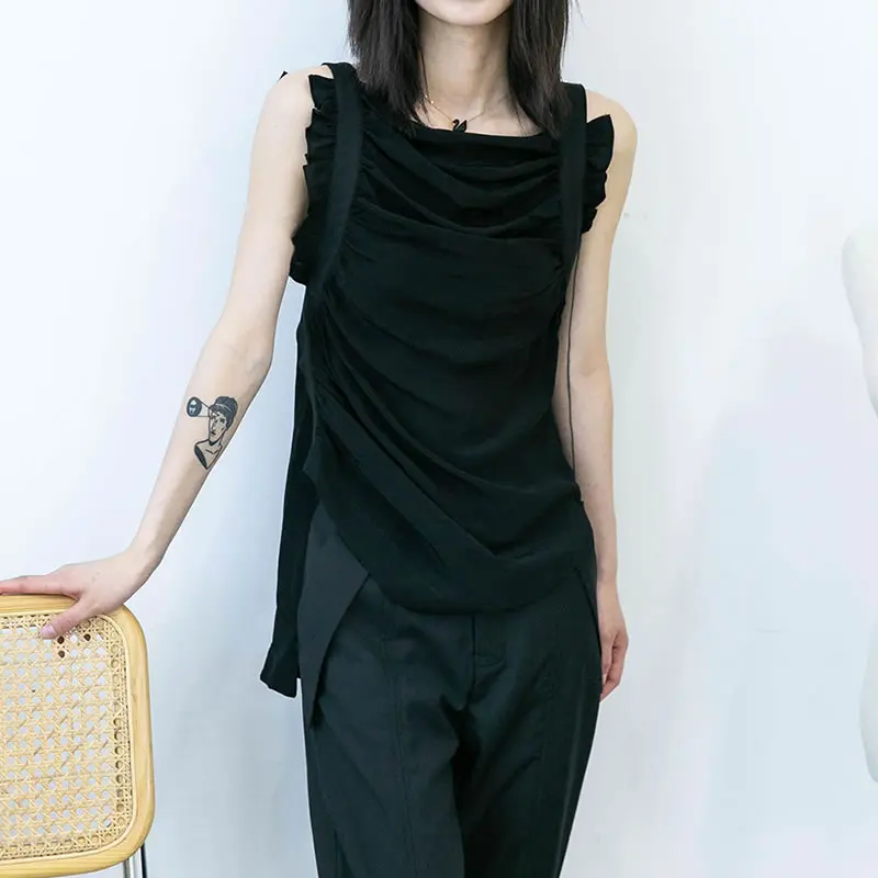 

XITAO Pleated Sleeve T-shirt Summer New Temperament Women Fashion O-neck Collar Irregular Side Slit Slim All-match Top WMD0832