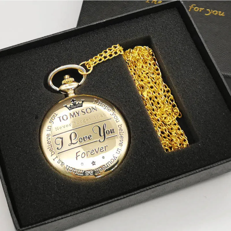 gold with box Прямая, винтажные кварцевые карманные часы Antiuqe, Лев, папа, сын, резьба, слово, одиночные, открытые, мужские, ожерелье, цепь, брелок, часы для подарка - Цвет: gold with box