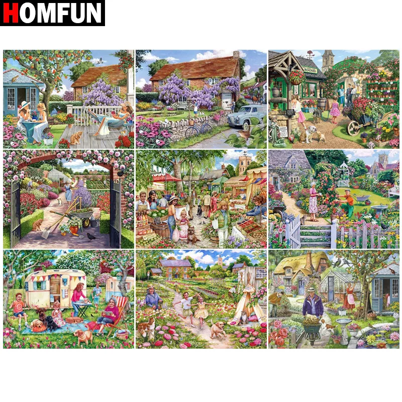 HOMFUN Diamond Painting Full Square/Round Diamond "Flowers street scener" Pattern Embroidery Cross Stitch 5D Rhinestone Painting