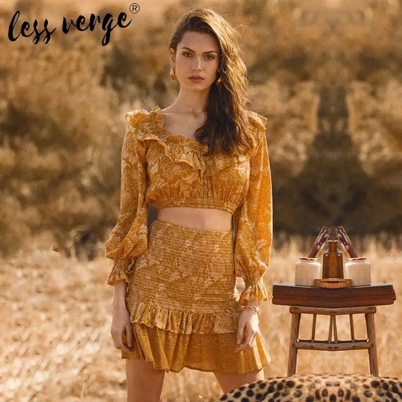 Женский костюм двойка с цветочным принтом бохо платье рюшами и расклешенными