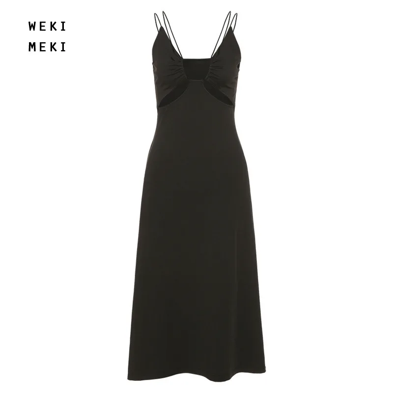 

2021 Summer New Woman Sling Black Dress Sexy Deep V-neck Low-cut Hollow Fashion Mid-length Dresses for Women Party