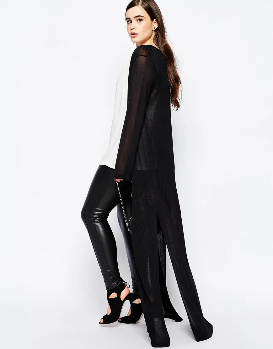 Женский кардиган макси с открытым спереди однотонный черный высоким разрезом и