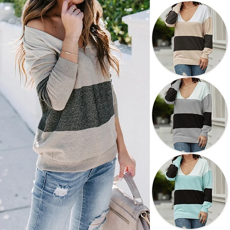 

Women Casual Long Sleeve V Neck Sweater Women Simple Sweater Female Fashion Patchwork Loose Knitted Sweaters For Female