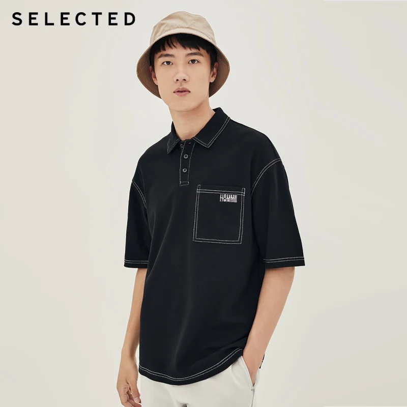 

SELECTED 100% Cotton Embroidered Profile Topline Lapel Short-Sleeve T-shirt|420206561