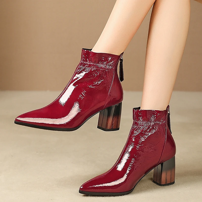 Модные простые кожаные сапоги с красными складками уникальный дизайн теплая