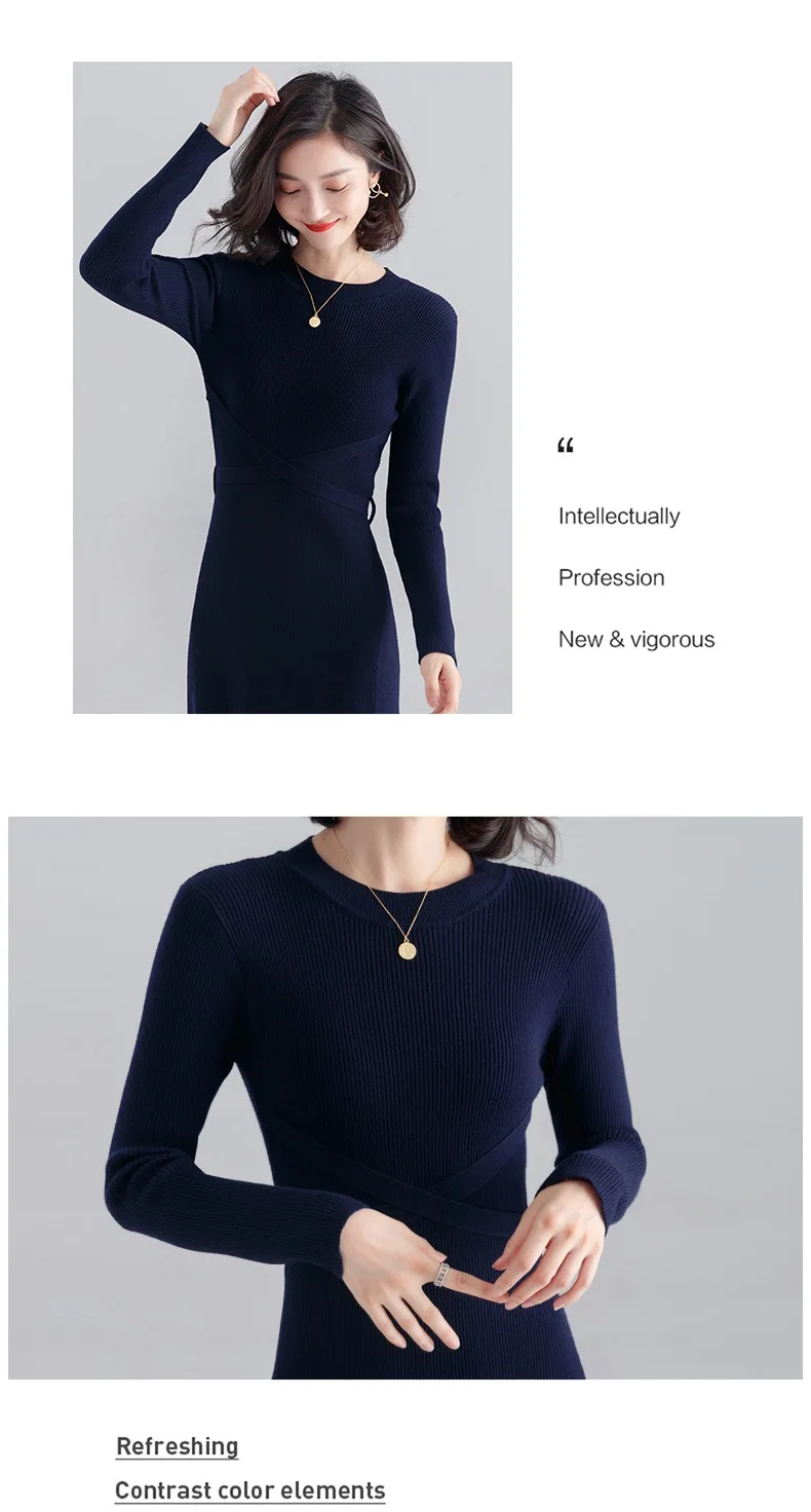INNASOFAN knitted dress women Autumn Winter long-sleeved dress Euro-American fashion chic dress solid color