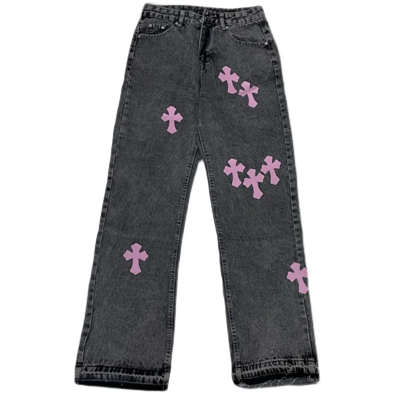 

New Jeans Women Harajuku Streetwear Vintage Cross Embroidery Patch Loose High Waist Wide Leg Pants Casual Denim Trousers Female