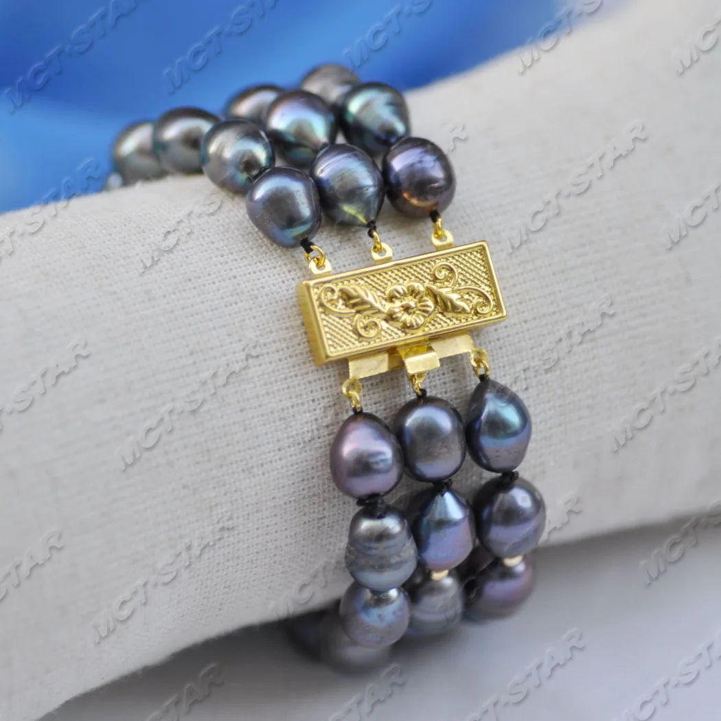 

Браслет из пресноводного жемчуга Z11727, 3 ряда, 8 дюймов, 12 мм, с павлином и черным рисом