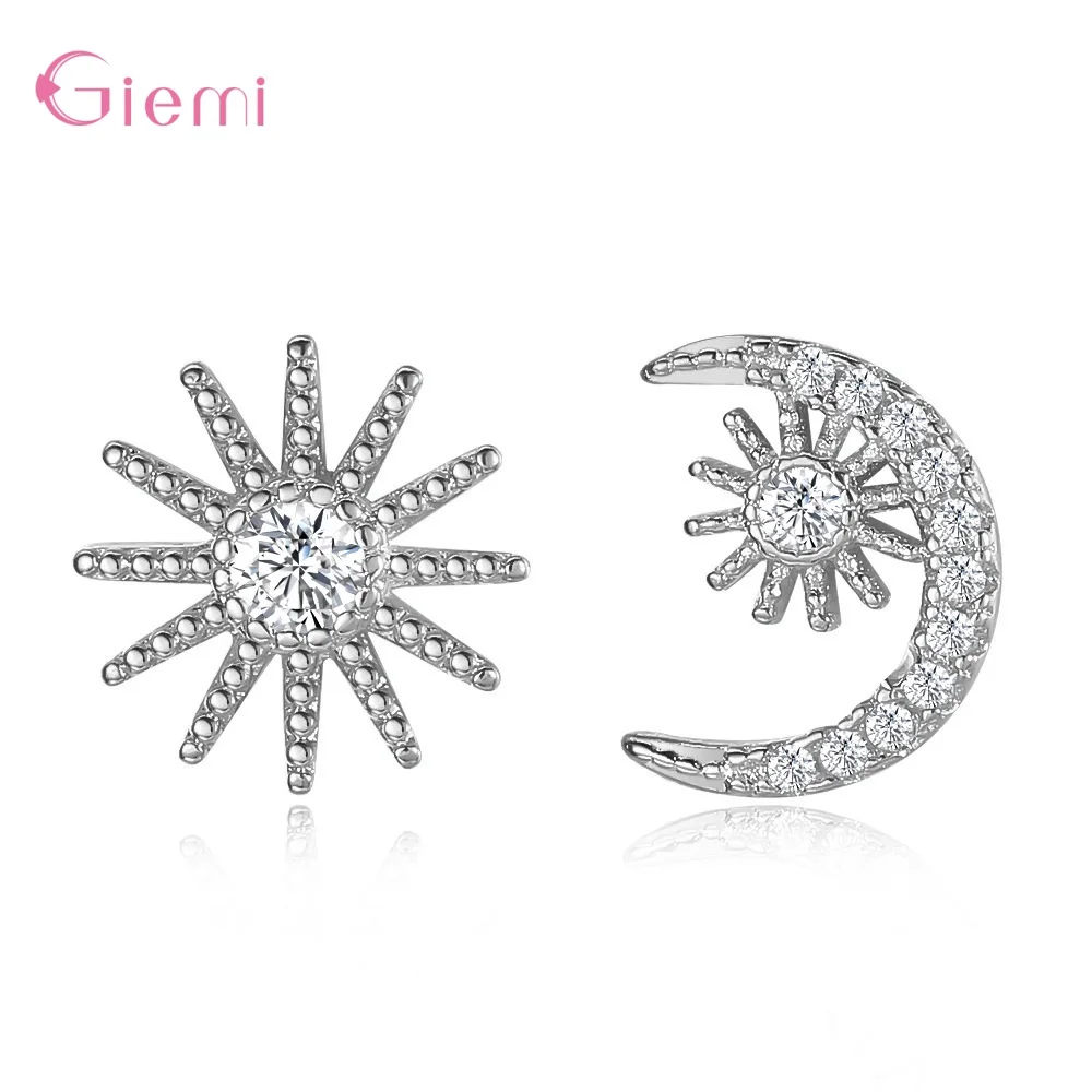 

Sterling Sliver 925 Asymmetry Moon Star Pattern Stud Earring For Women Wedding Accessory Trendy Ear Pin Fine Jewelry Gift