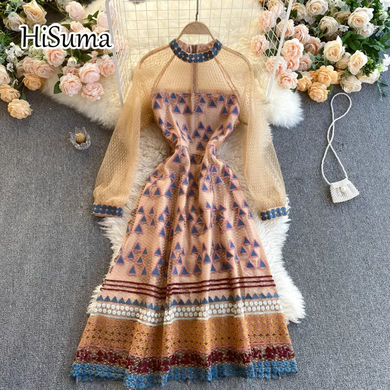 

Новинка весны 2021, женское Сетчатое платье-трапеция с круглым вырезом и вышивкой, женское шикарное элегантное газовое вечернее платье с пояс...