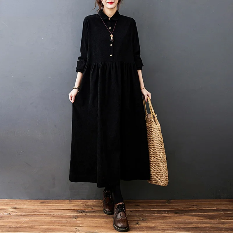 

2021 Autumn Winter Women Long Dress Vintage Solid Corduroy Dress Casual Loose Long Sleeve Elegant Ladies Dress Vestido Faldas