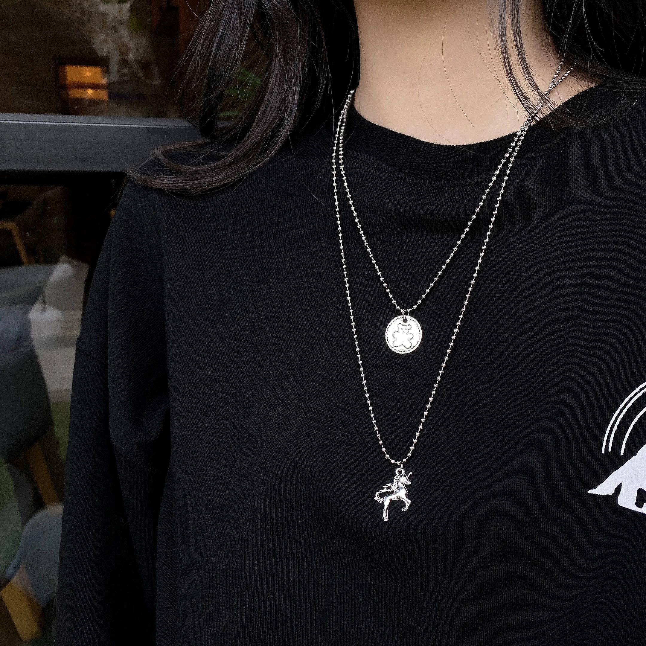 Двухуровневая цепочка для свитеров с маленьким медведем и единорогом в стиле рок