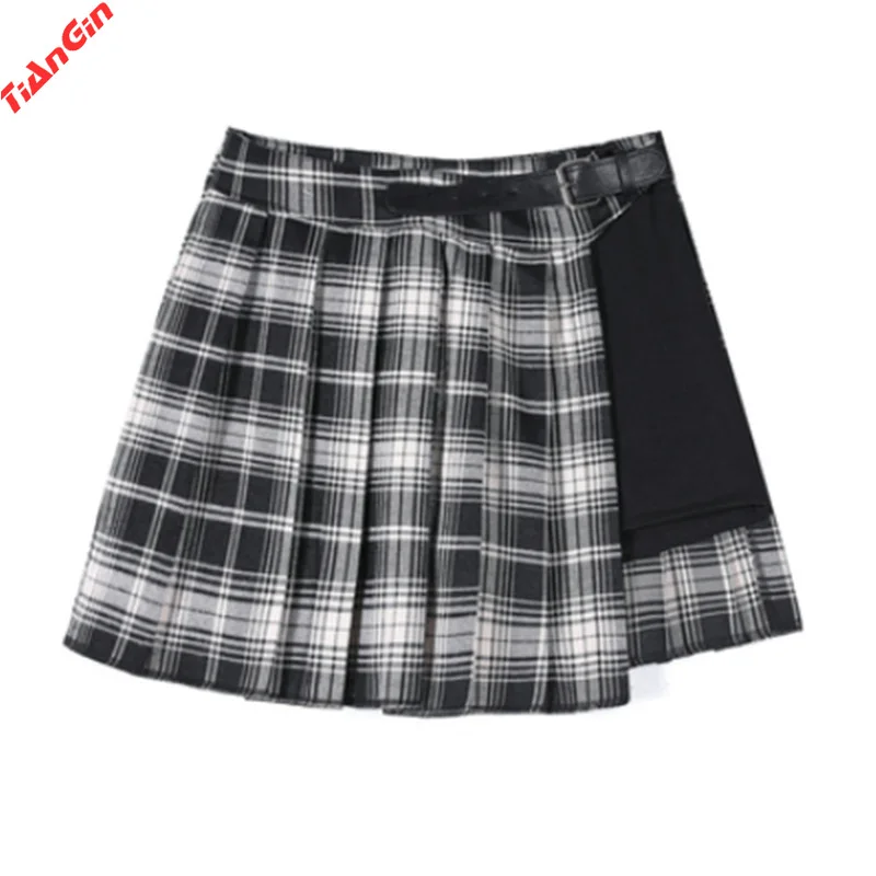 

2021 Summer Pleated Skirt Skirt Female High Waist A Thin Bag Hip Joker Grid Irregular Skirt Ins Tide