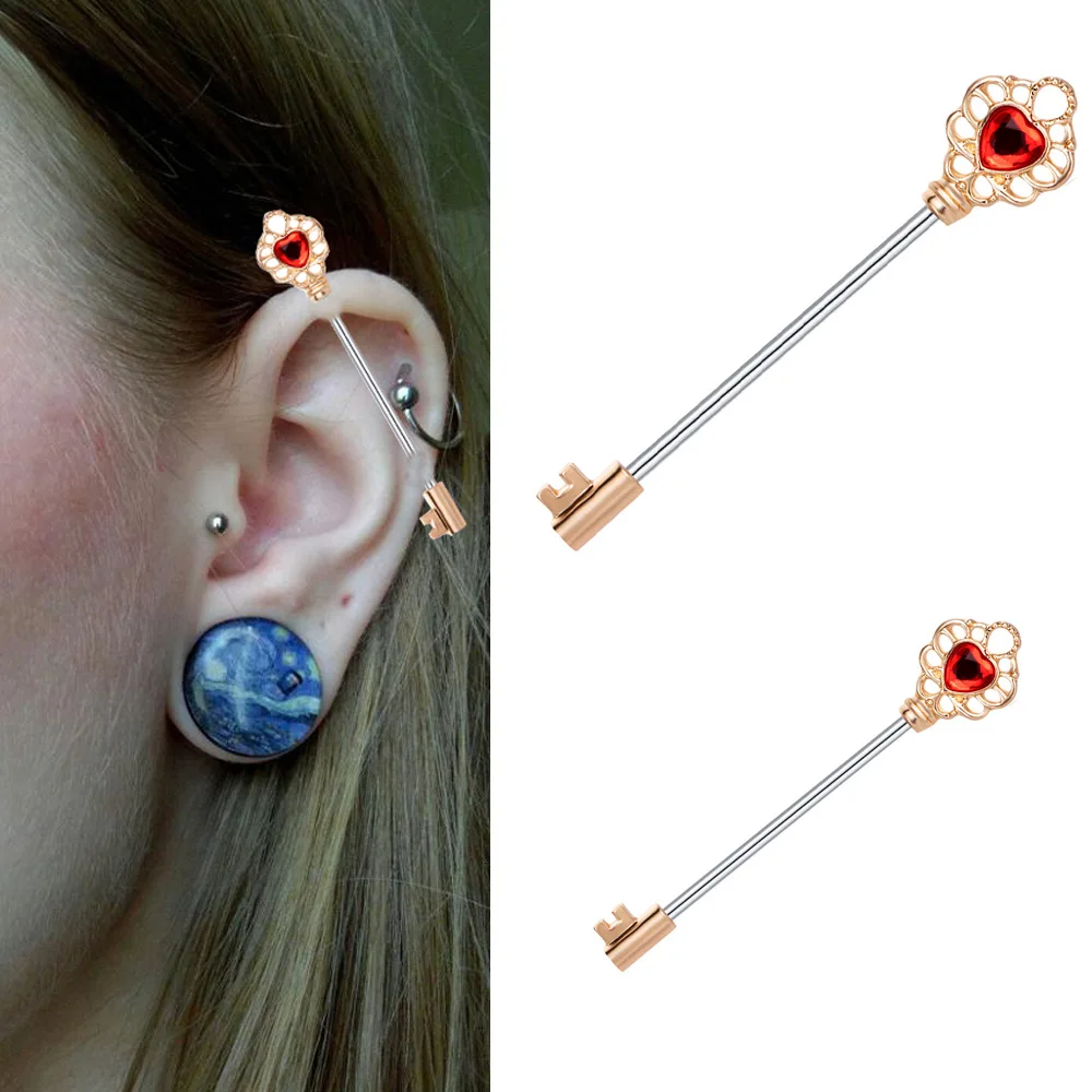 

14G Industrial Barbell Earring Stainless Steel The Key To My Heart Cartilage Body Piercing Jewelry