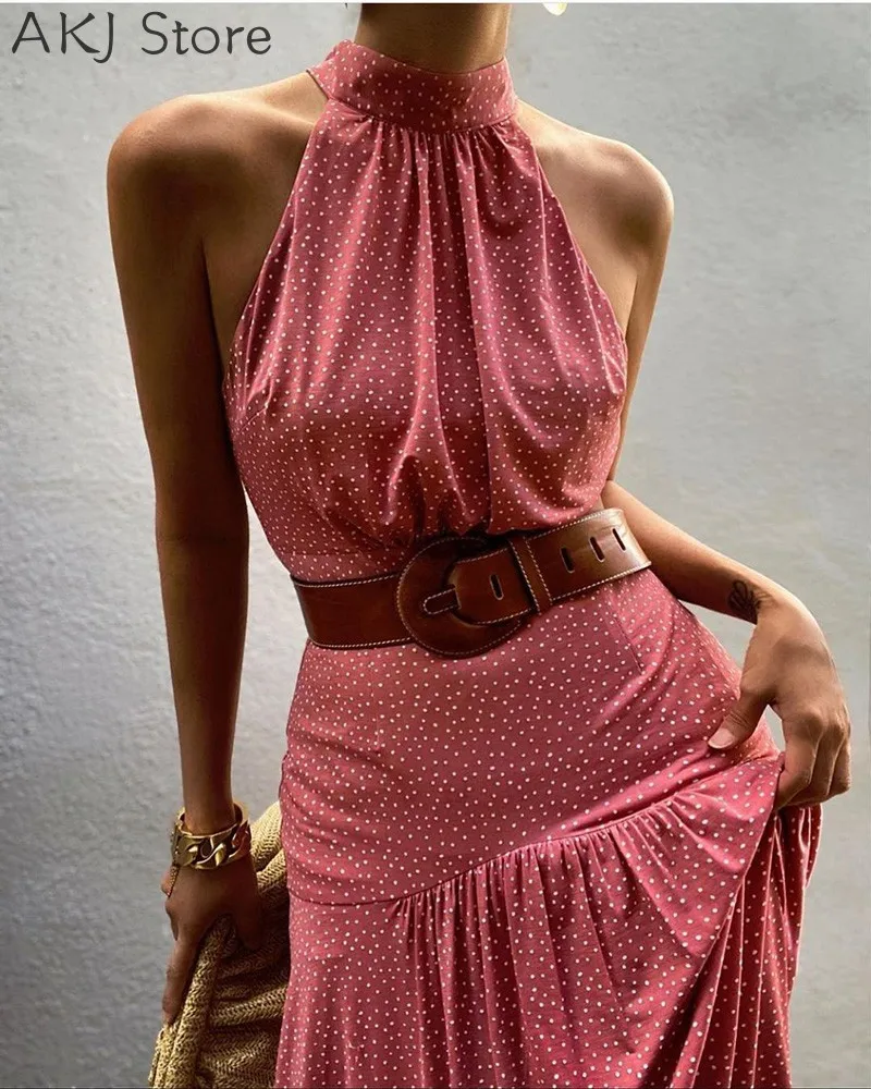 

Women Casual Halter Sleeveless Mermaid Open Back Polka Dot Dress